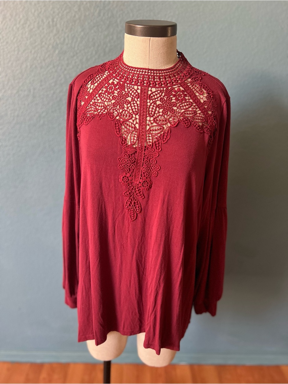 Cupio Wine Lace Yoke Long Sleeve Top
